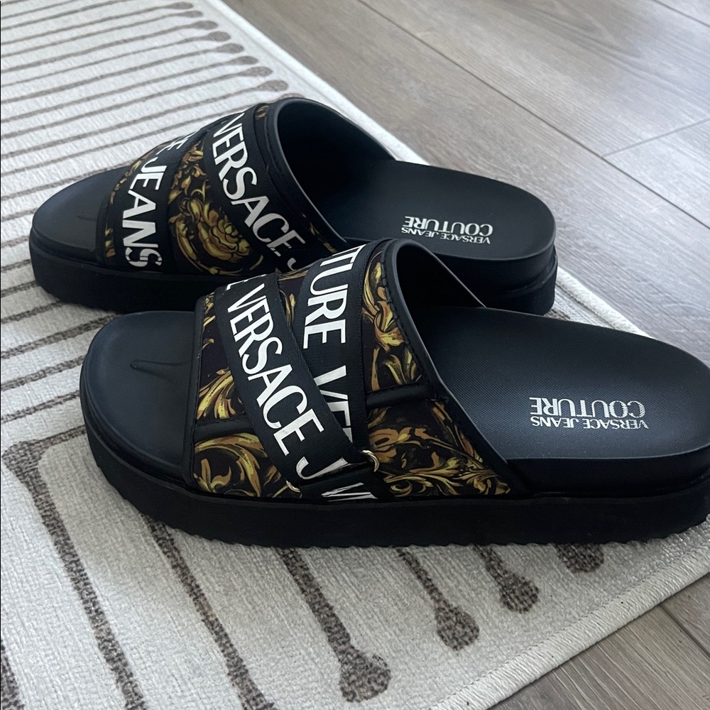 Versace Black And Gold Patterned Slides - image 2